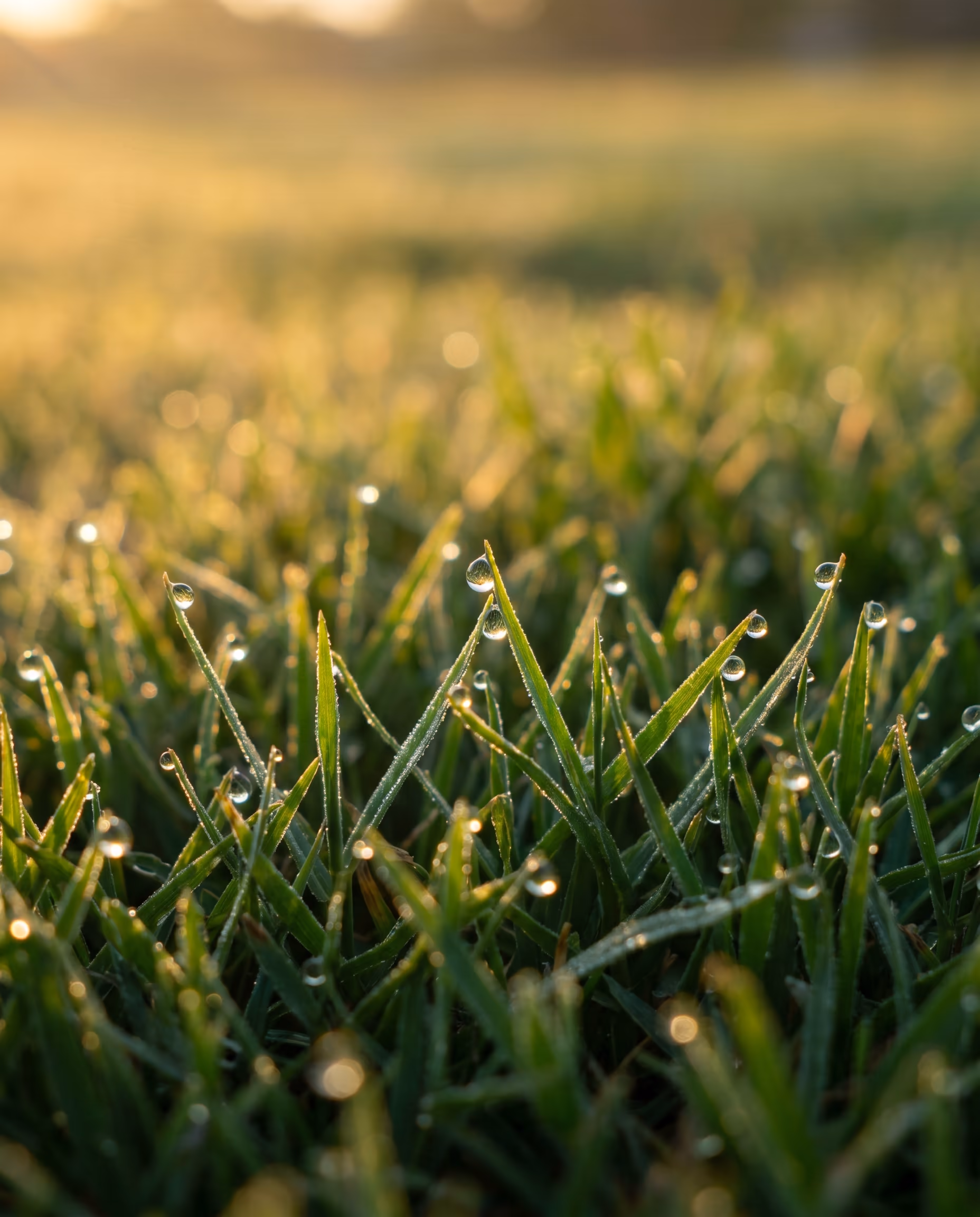 Manicured turf grass close-up at golden hour
